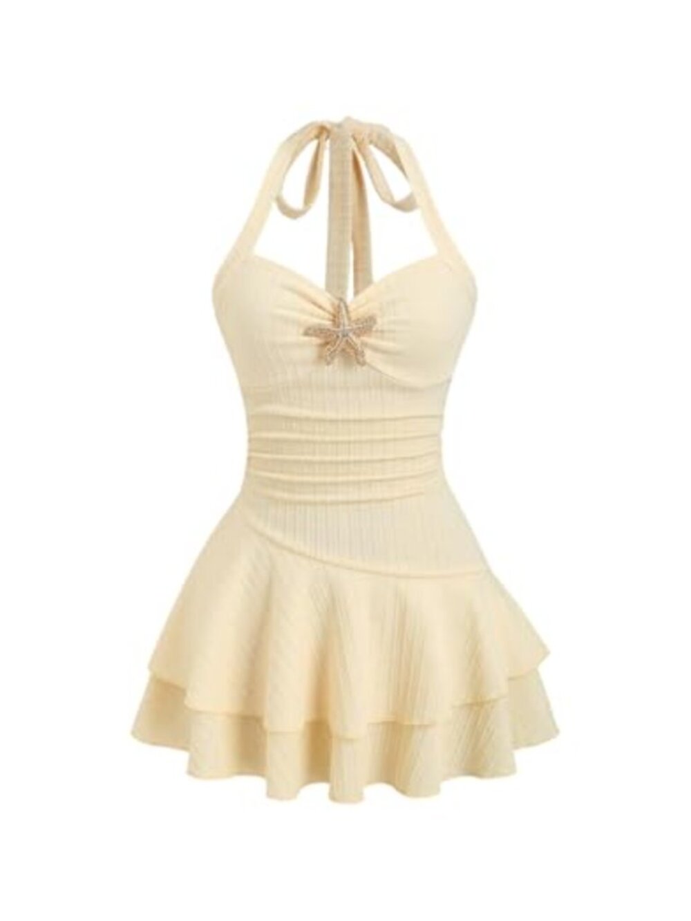 Metal Starfish Sundress Ruched Layered Halter Mini Dress Sleeveless A-Line
